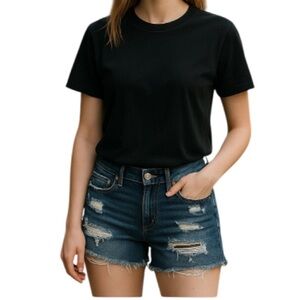 AMERICAN EAGLE Hi-Rise Shortie Shorts Blue Dark Wash Distressed Cutoffs Size 6